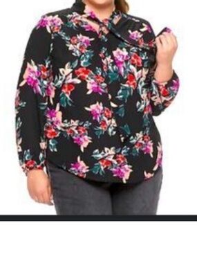 EVRI Black Floral Tie-Neck Blouse with Pink & Green Accents